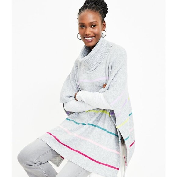 LOFT Womens Gray Striped Turtleneck Poncho Sweater Short Sleeves size XS Small - Picture 3 of 16